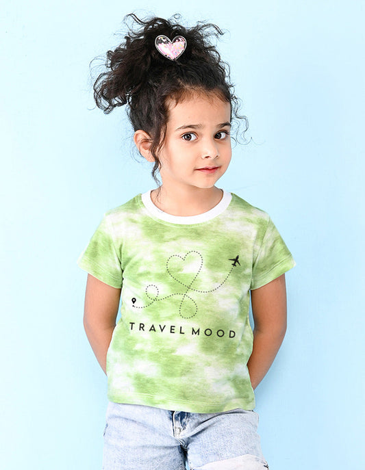 Nusyl girls green travel mood printed tie & dye tshirt.