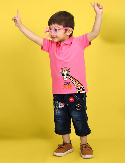 Nusyl Giraffe Printed Bubblegum Pink Infants Polo T-shirt