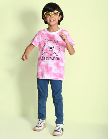 Nusyl boys teddy bear printed pink tie & dye t-shirt