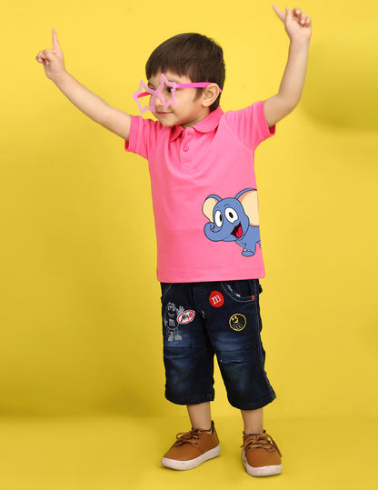 Nusyl Elephant Printed Bubblegum Pink Infants Polo T-shirt
